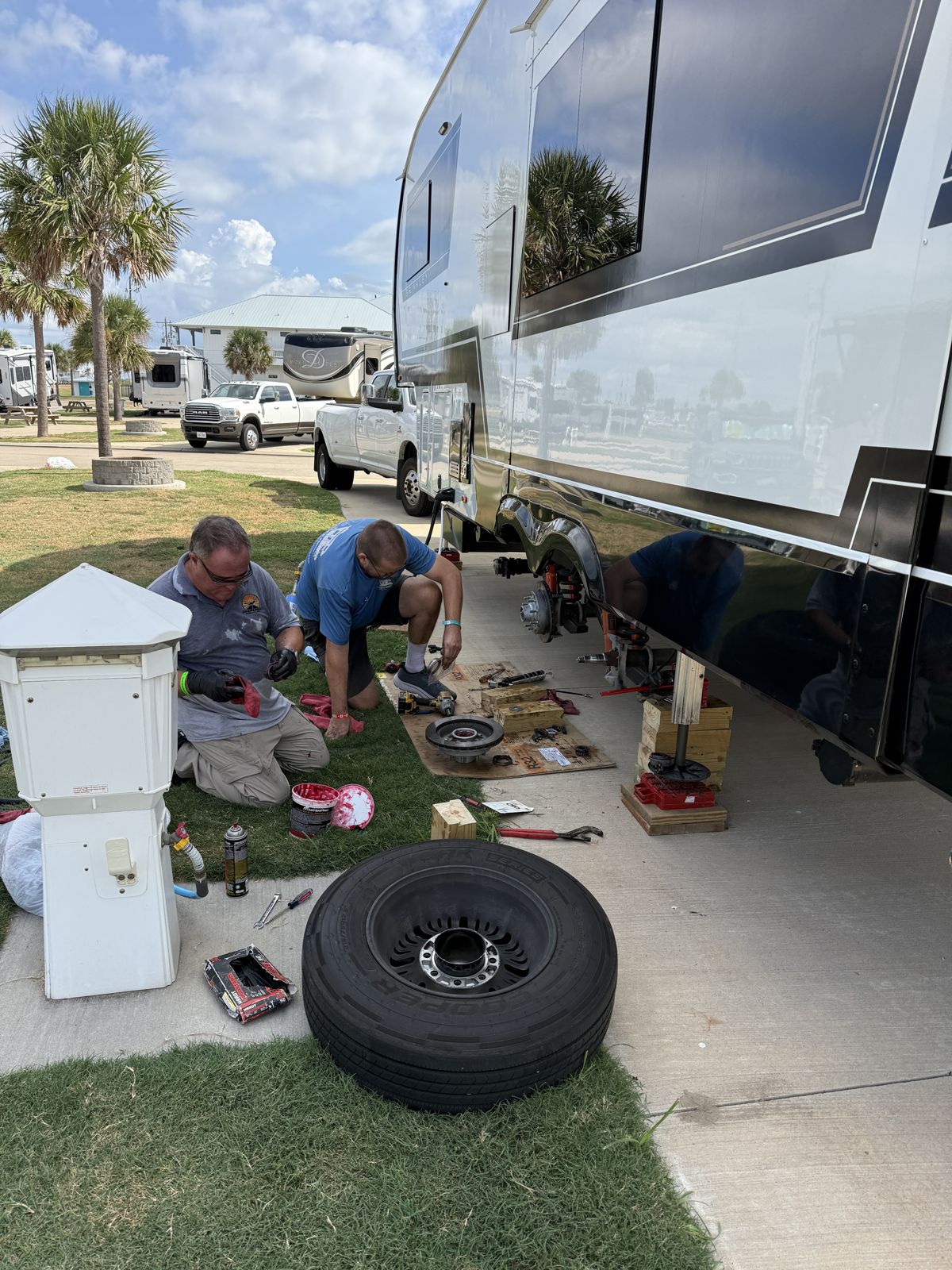 Brake and bearing service at a campsite